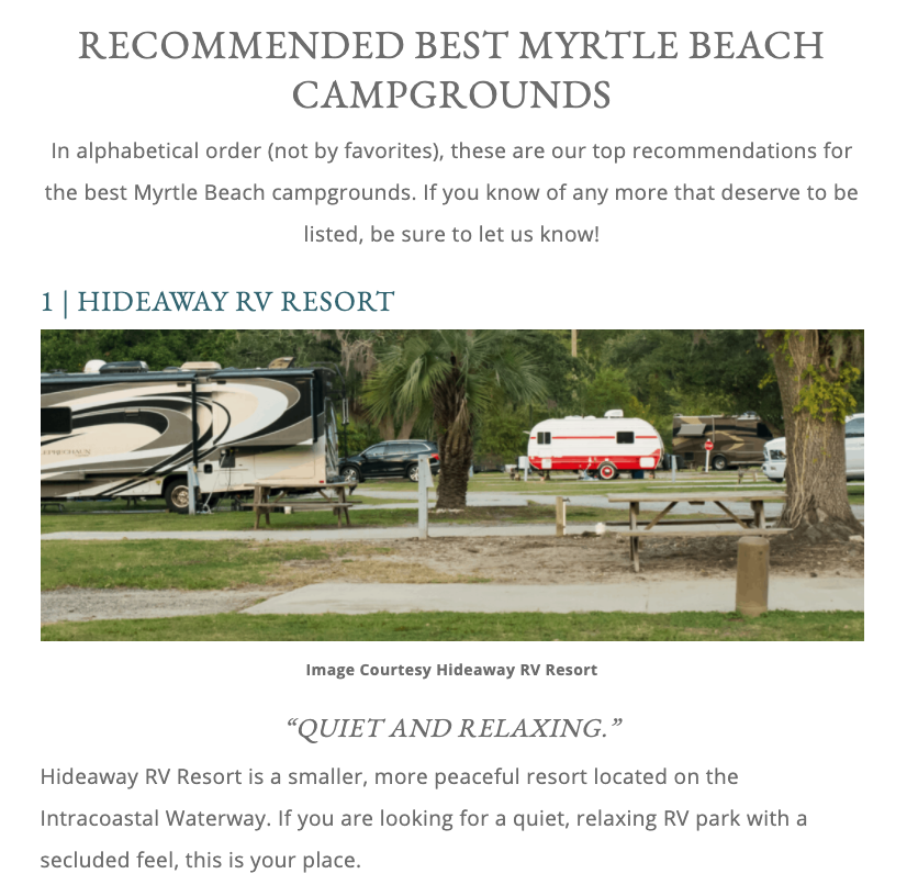 screenshot of article on myrtle beach best campground with picture of HIdeaway RV Resort
